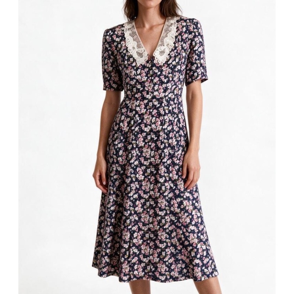 VTG Jonathan Martin FLORAL DRESS Navy Blue WHITE LACE COLLAR Pearl Buttons 7/8 M